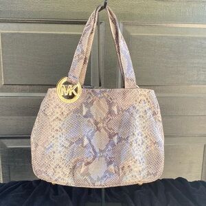 Michael Kors Taupe Snake-Print Tote with Gold MK Charm